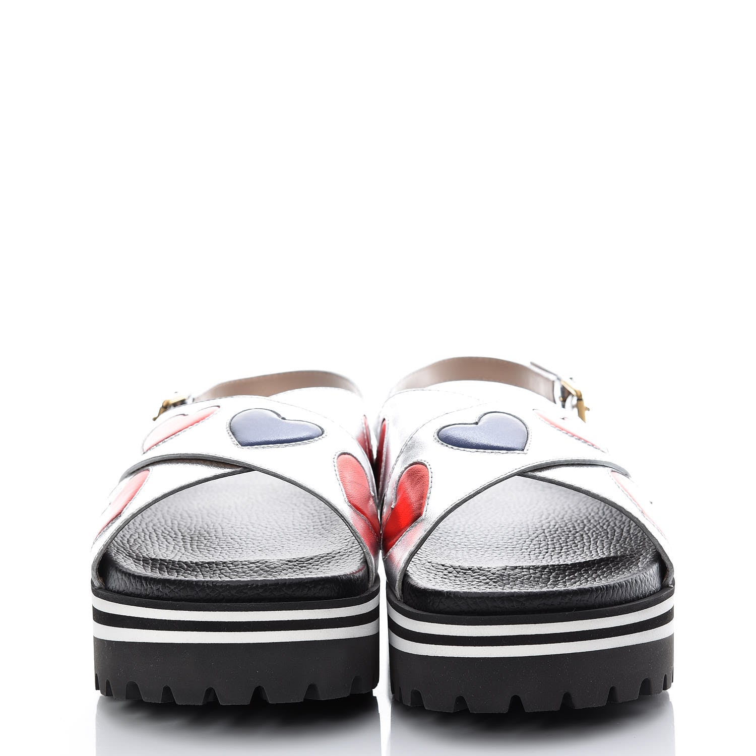 Gucci Metallic Nappa Silk Sunrise Heart Crossover Platform Lug Sole Sandals 38 Argento 2 of 7