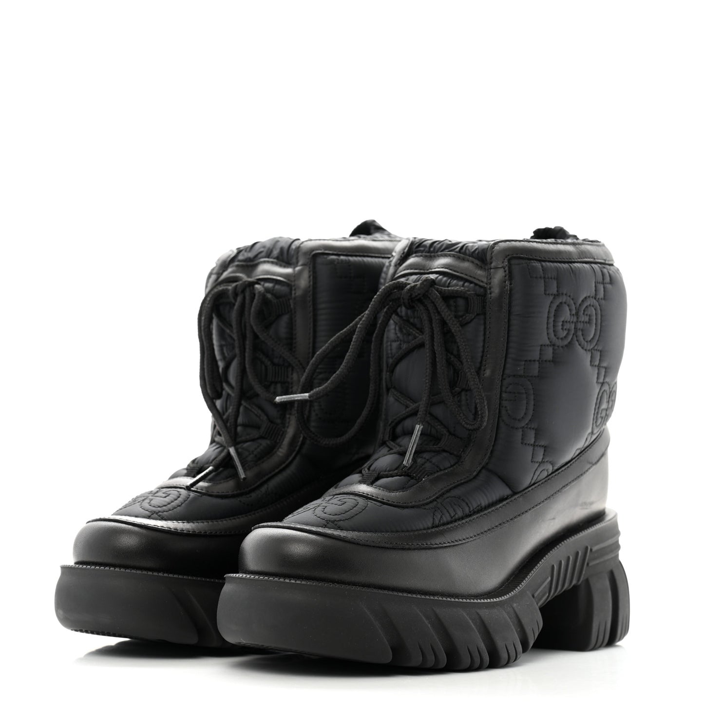 Nylon Calfskin GG Matelasse Lace Up Platform Ankle Boots 37 Black