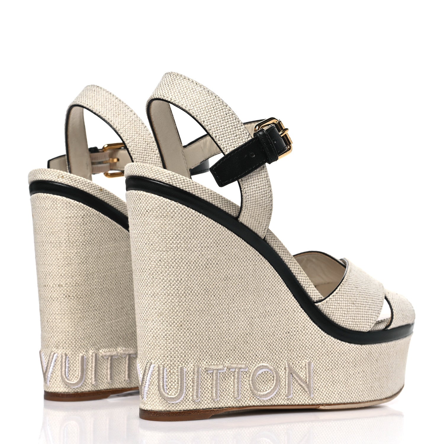 Louis Vuitton Calfskin Canvas Wedge Sandals 38 Beige Black 5 of 8