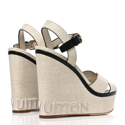 Louis Vuitton Calfskin Canvas Wedge Sandals 38 Beige Black 5 of 8