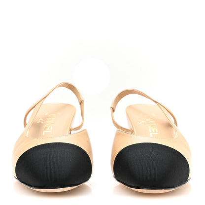 Chanel Goatskin Grosgrain Cap Toe CC Slingback Pumps 39 Beige Black 3 of 9
