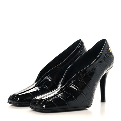 Chanel Crocodile Embossed Patent Calfskin Pumps 38.5 Black 6 of 20