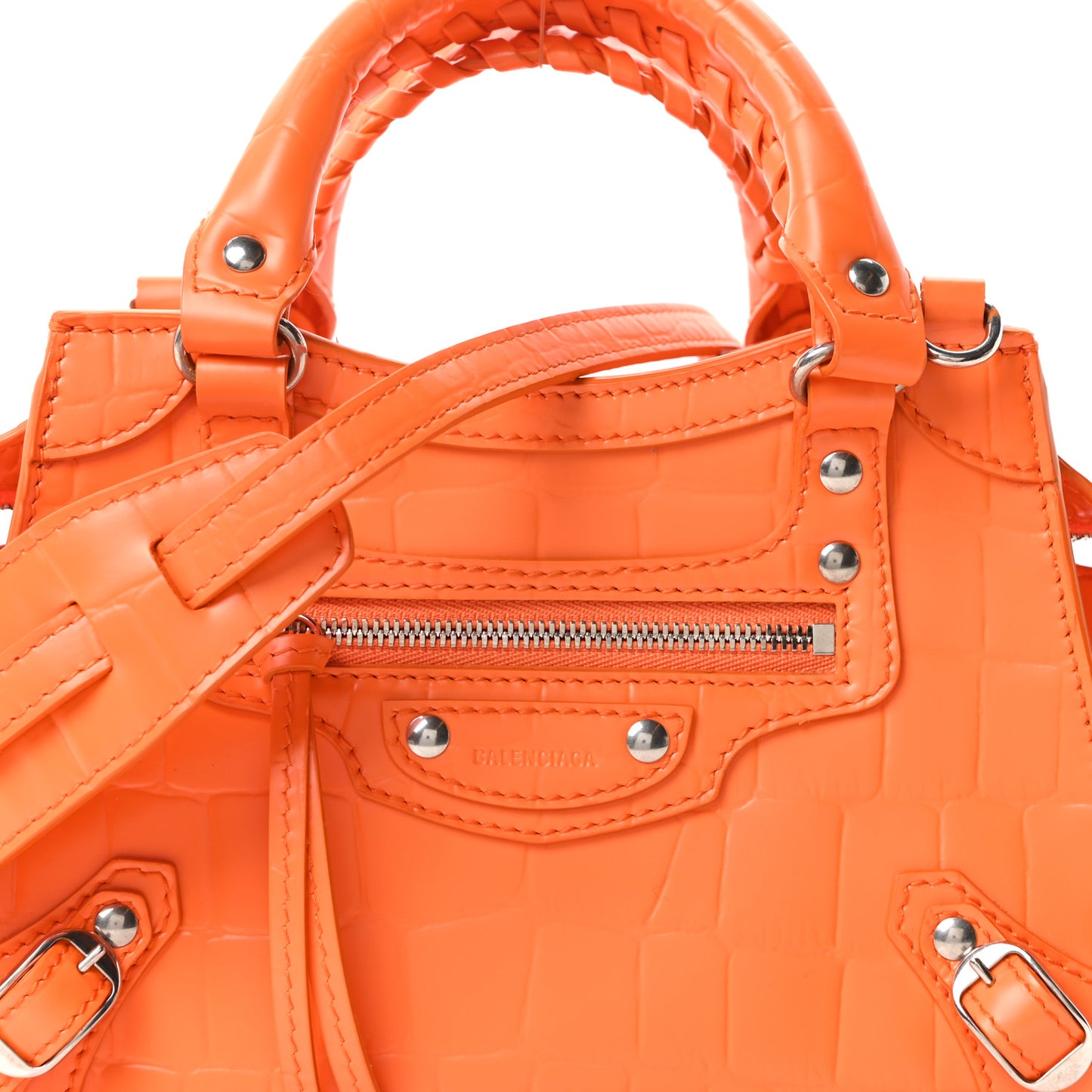 Semi Shiny Calfskin Crocodile Embossed Neo Classic Silver Hardware Mini City Orange