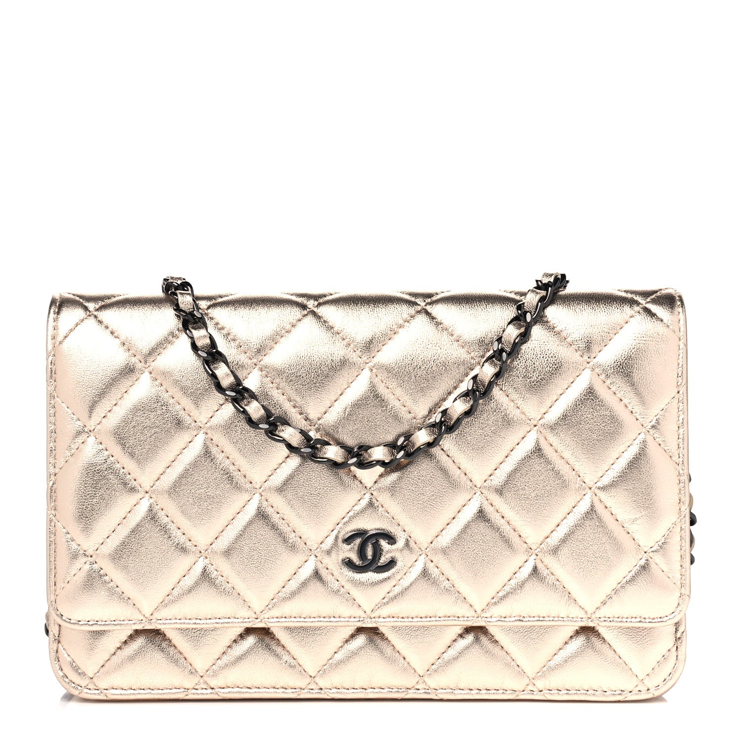 Chanel Metallic Lambskin Quilted Wallet On Chain WOC Gold Black 1 of 5