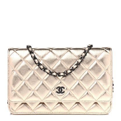 Chanel Metallic Lambskin Quilted Wallet On Chain WOC Gold Black 1 of 5