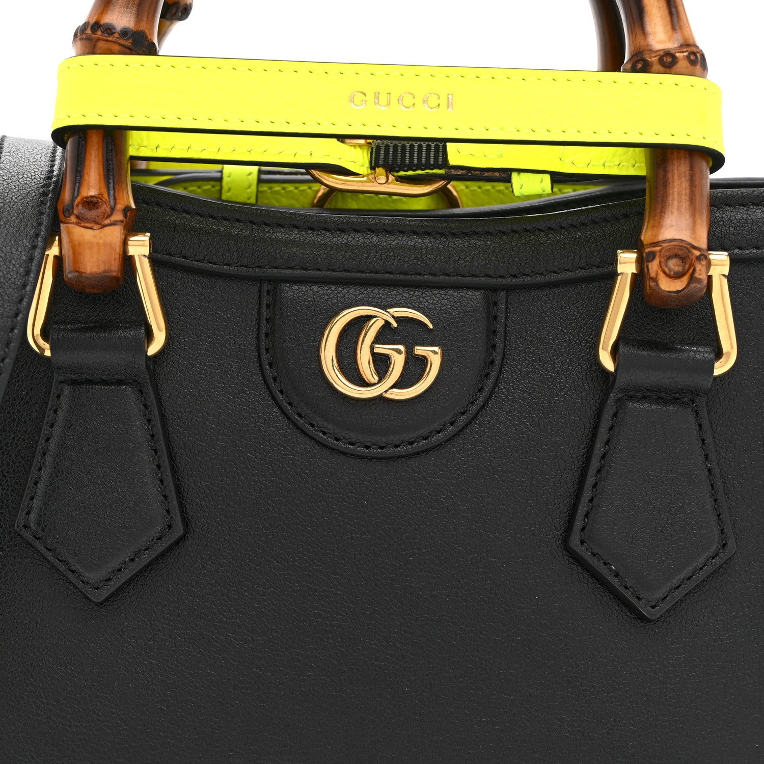 Gucci Wonka Grain Calfskin Mini Diana Tote Bag Black Yellow Fluo 9 of 11