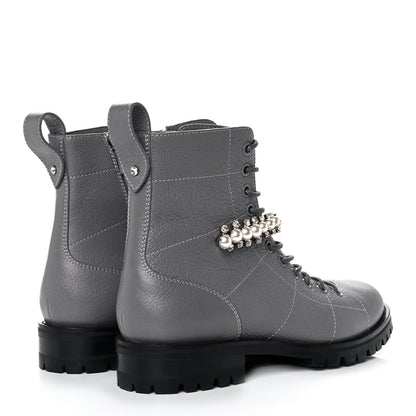 Jimmy Choo Grained Calfskin Crystal Embellished Cruz Combat Boots 38.5 Grey 4 of 8