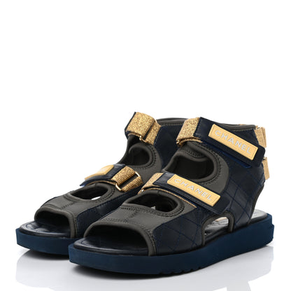 Chanel Goatskin Fabric Gladiator Sandals 38 Navy Blue Light Grey Yellow 3 of 8