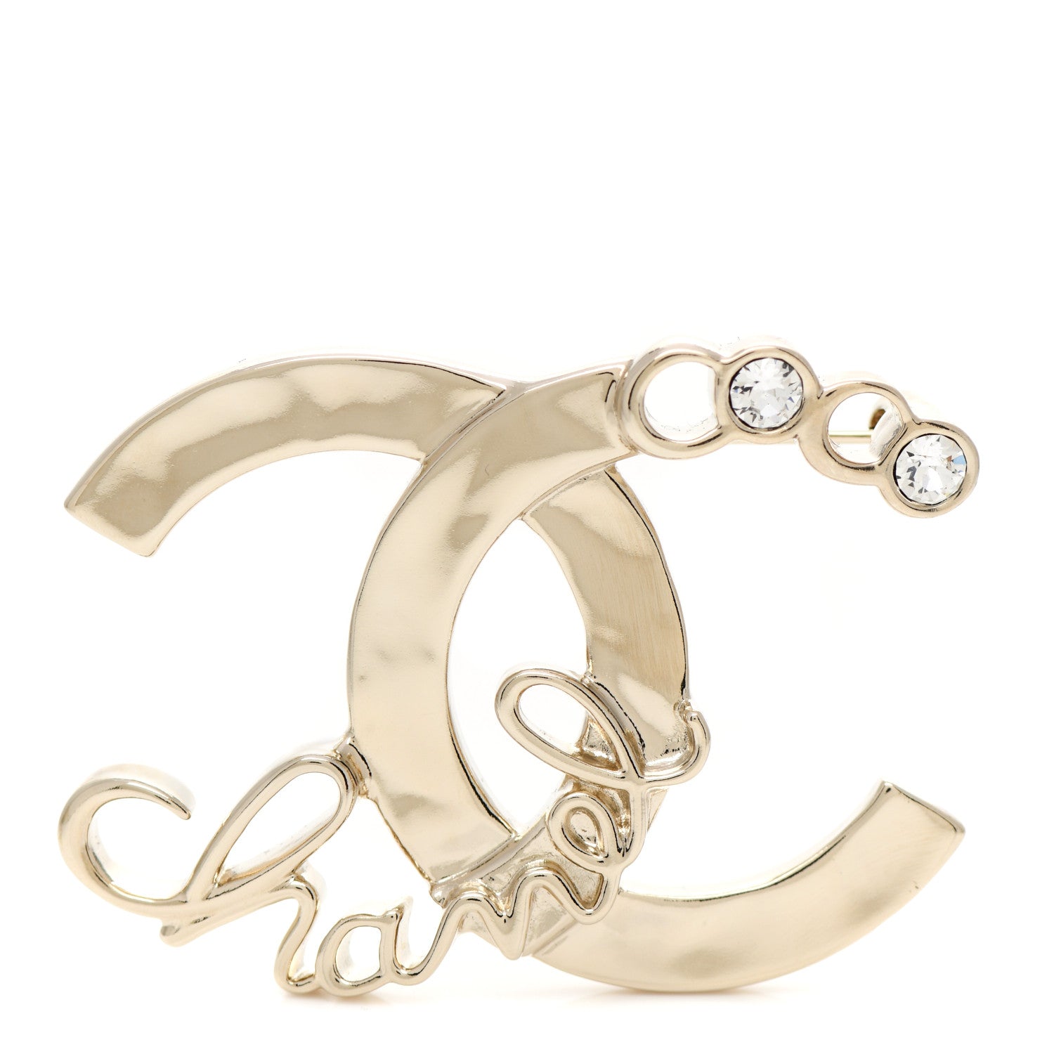 Chanel Metal Crystal Coco Script CC Brooch Gold 1 of 5