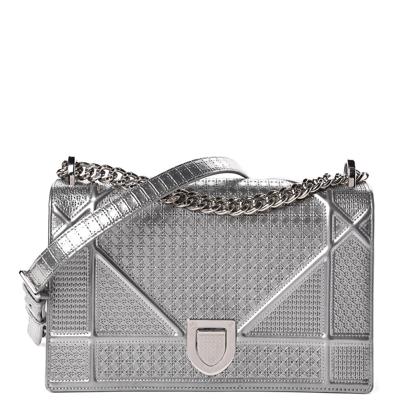 Metallic Patent Micro-Cannage Medium Diorama Flap Bag Silver