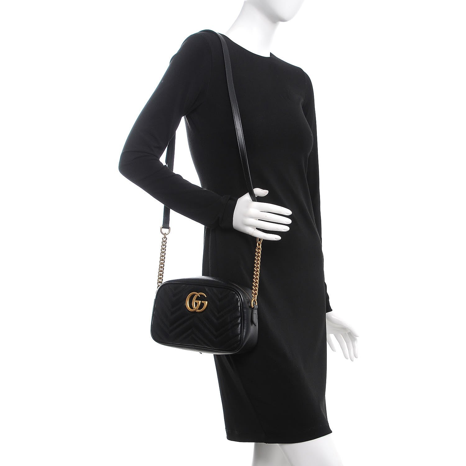 Gucci Calfskin Matelasse Small GG Marmont Chain Shoulder Bag Black 2 of 7