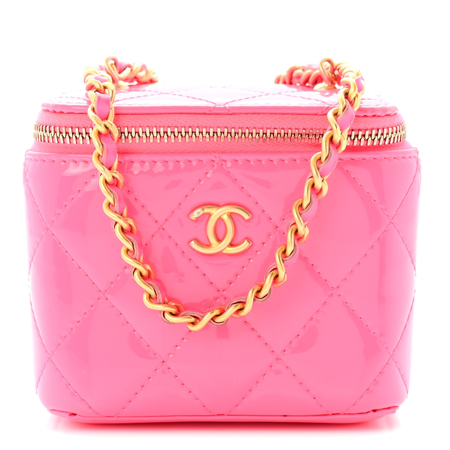 Chanel Patent Quilted Pearl Crush Mini Vanity Case With Chain Neon Pink 1 of 10