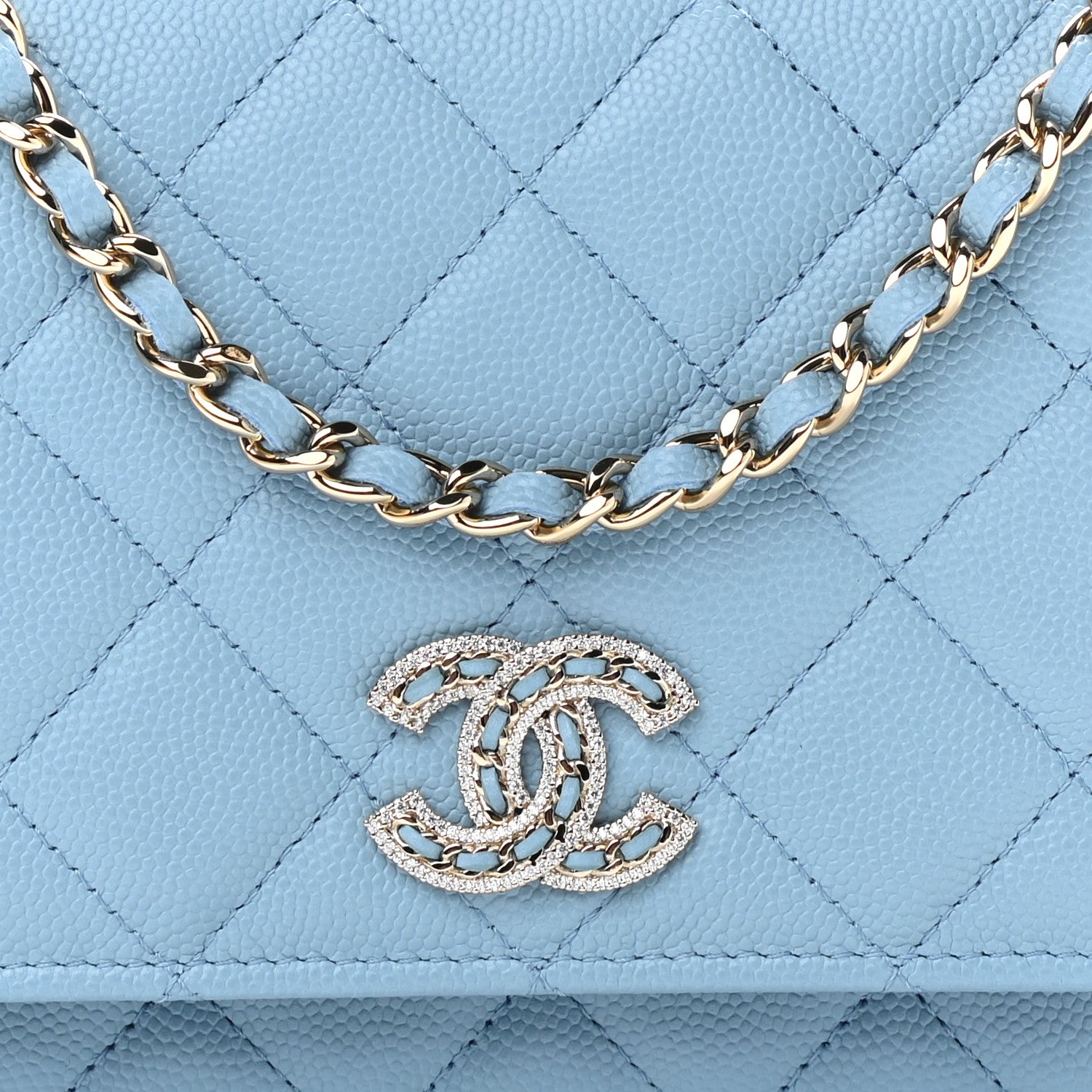 Chanel Caviar Quilted Crystal CC Wallet On Chain WOC Light Blue 9 of 12