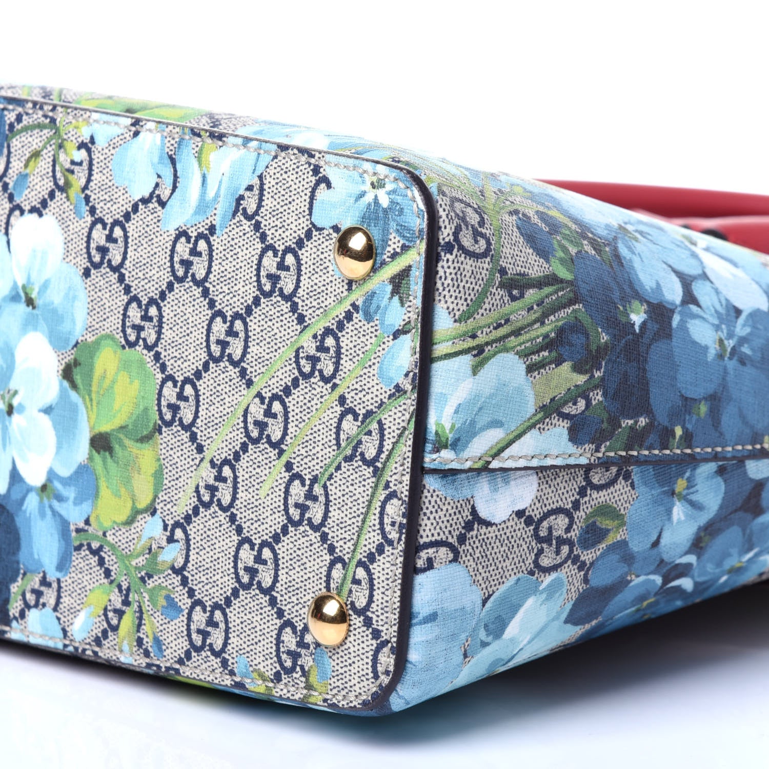 Gucci GG Supreme Monogram Blooms Medium Zip Top Tote Beige Blue Navy Hibiscus Red 10 of 11