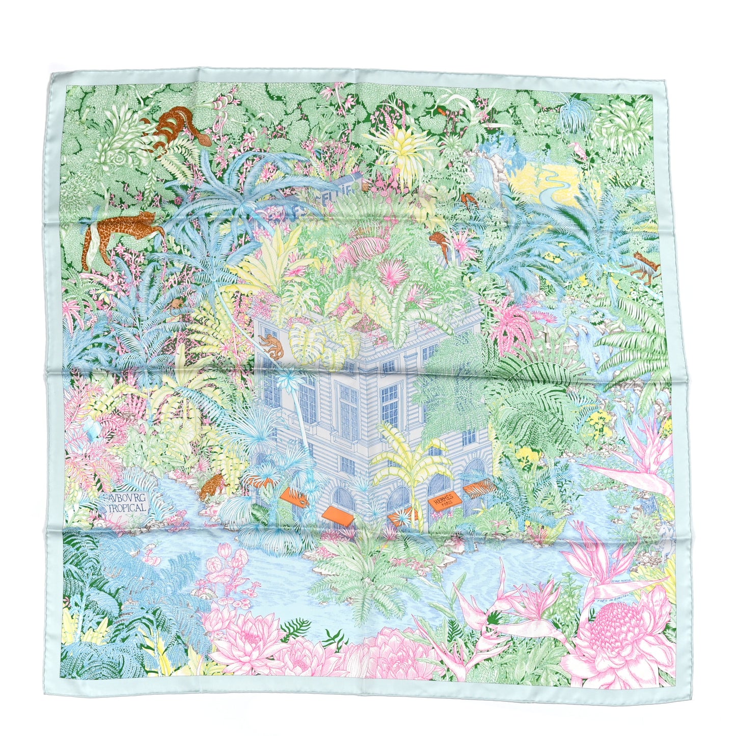 Silk Twill Faubourg Tropical Scarf 90 Bleu Vert Jaune
