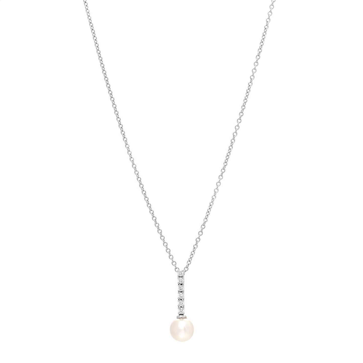 18K White Gold Diamond Akoya Pearl 8-8.5mm Drop Pendant Necklace