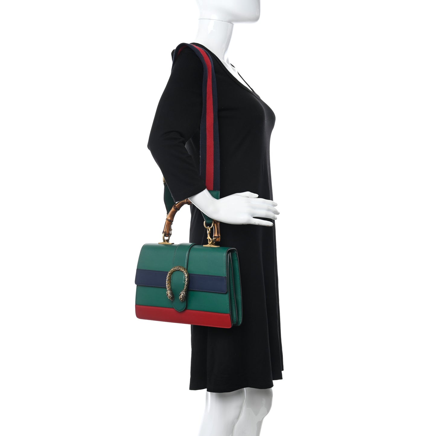 Moon Calfskin Web Medium Dionysus Bamboo Top Handle Bag Emerald Blue Hibiscus Red