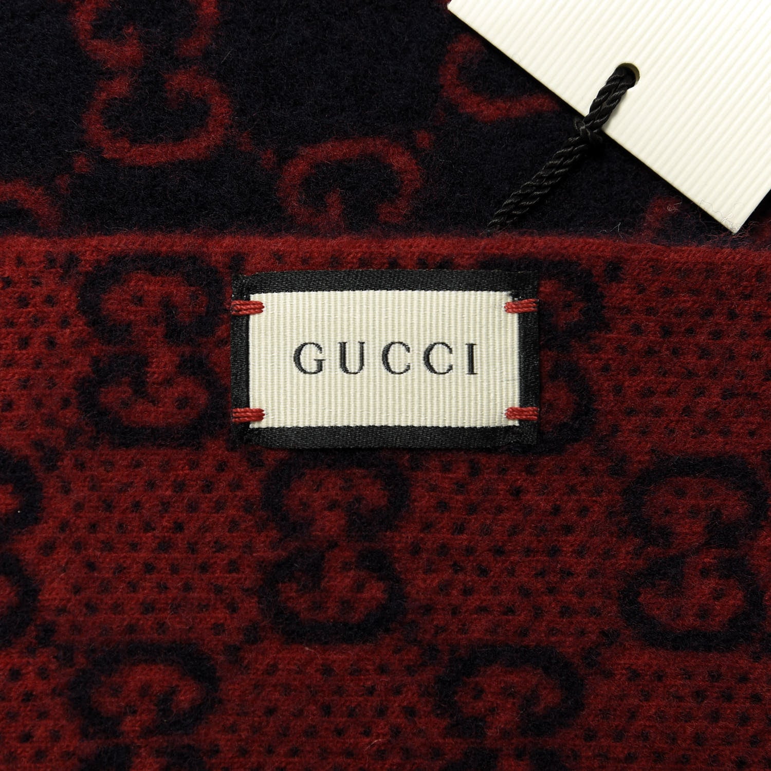 Gucci Wool GG Monogram Knit Longfog Fringe Scarf Midnight Blue Red 3 of 4