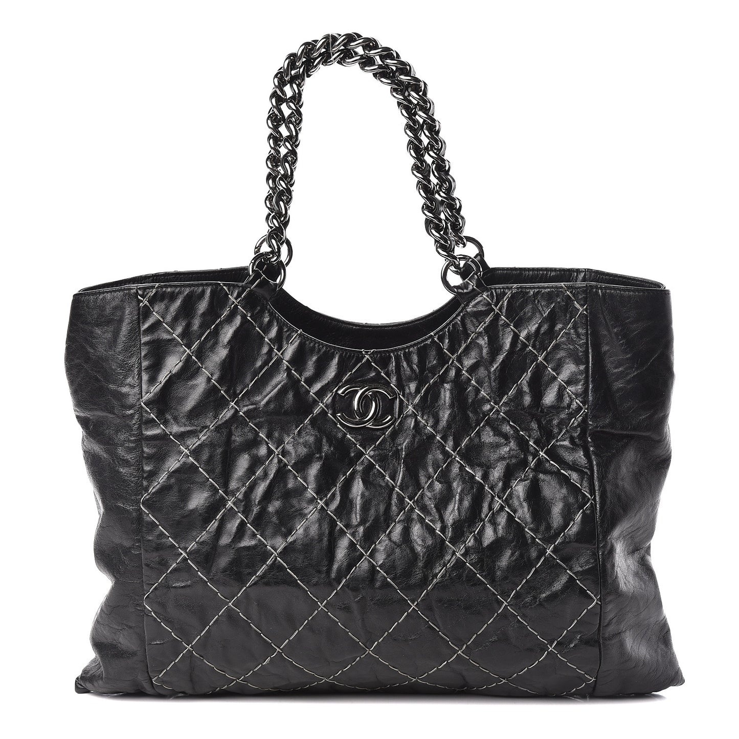Glazed Goatskin Double Contrast Stitch Tote Black