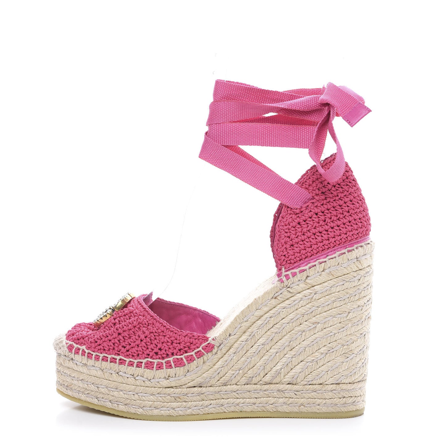 Cotton Crochet Pearly GG Ankle Wrap Platform Espadrille Wedges 36 Cyclamen Rose