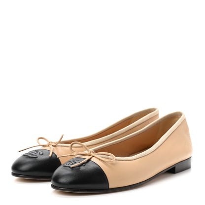 Chanel Lambskin Cap Toe CC Ballerina Flats 38.5 Beige Black 3 of 8