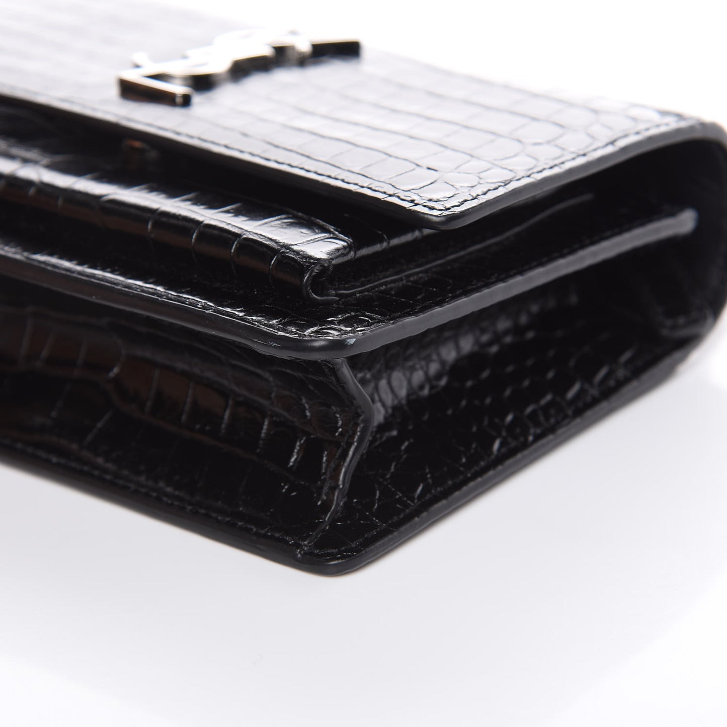 Calfskin Crocodile Embossed Monogram Sunset Chain Wallet Black