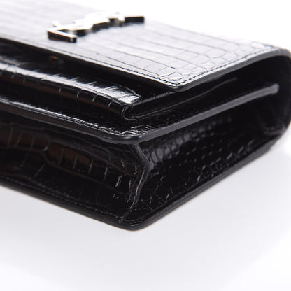 Saint Laurent Calfskin Crocodile Embossed Monogram Sunset Chain Wallet Black 8 of 10