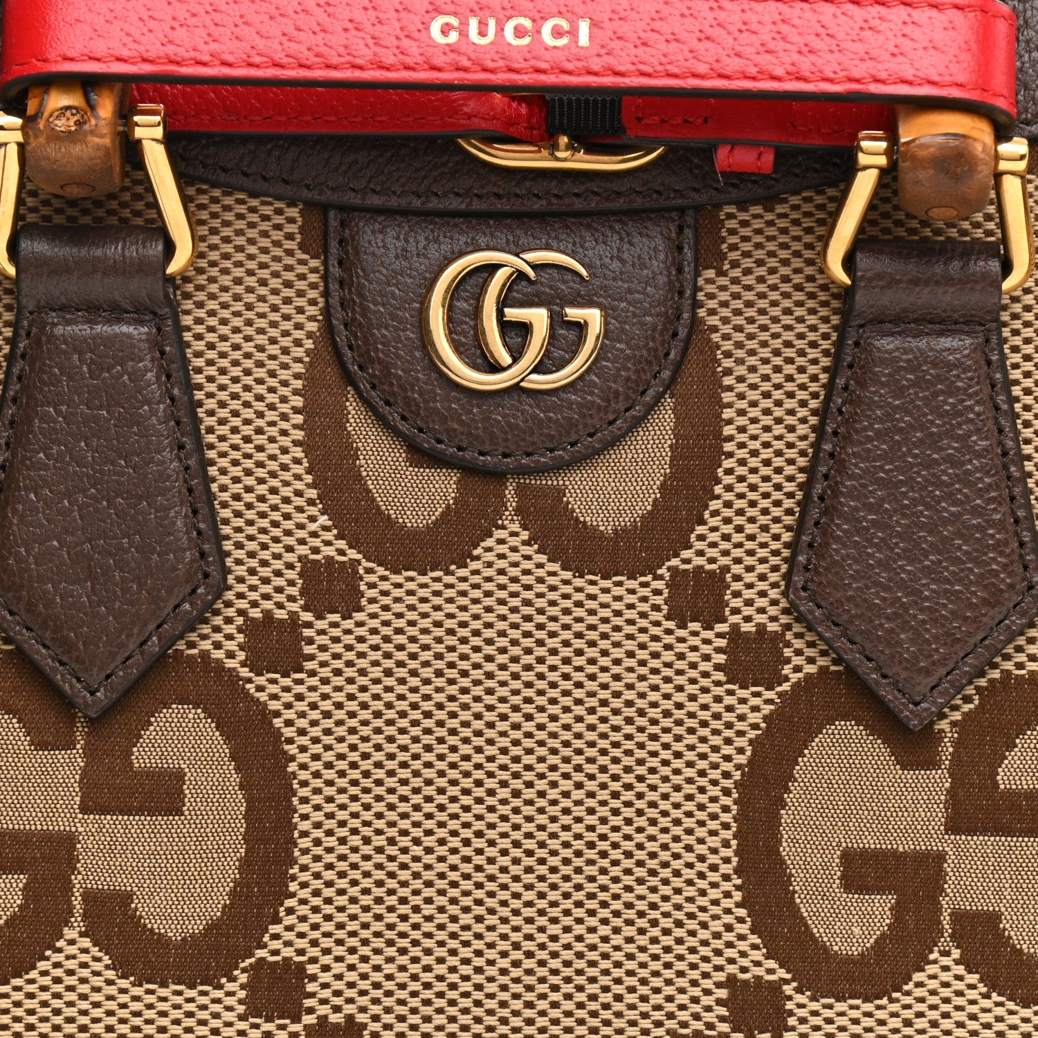 Gucci Monogram Jumbo GG Textured Dollar Calfskin Small Diana Tote Bag Camel Ebony New Acero Pomegranate Red 16 of 17