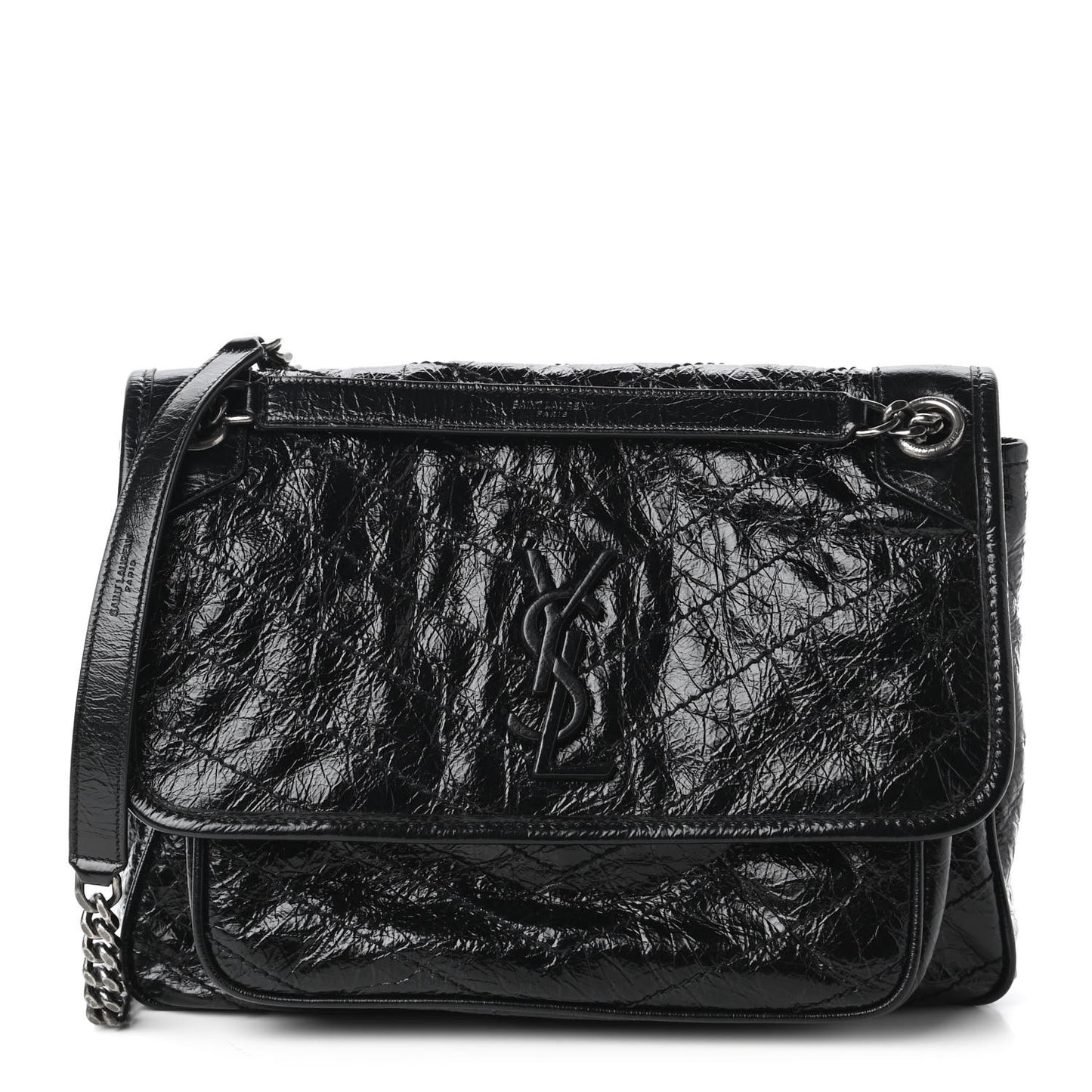 Crinkled Calfskin Matelasse Monogram Medium Niki Chain Satchel Black
