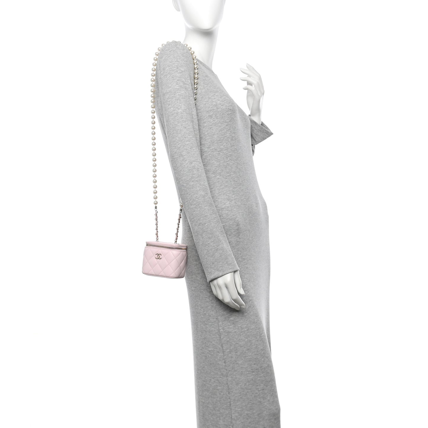 Lambskin Quilted Mini Vanity Case With Pearl Chain Light Pink