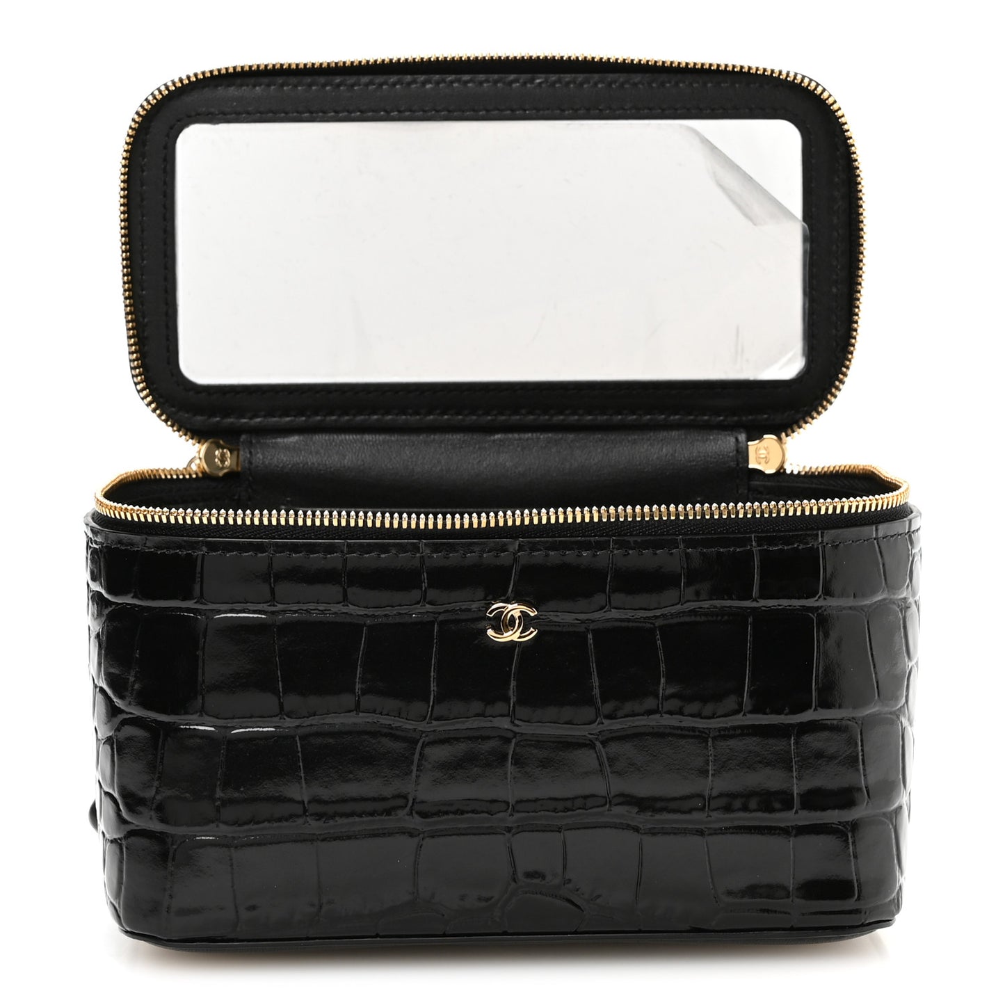 Calfskin Crocodile Embossed Exoticoco Small Top Handle Vanity Case With Chain Black