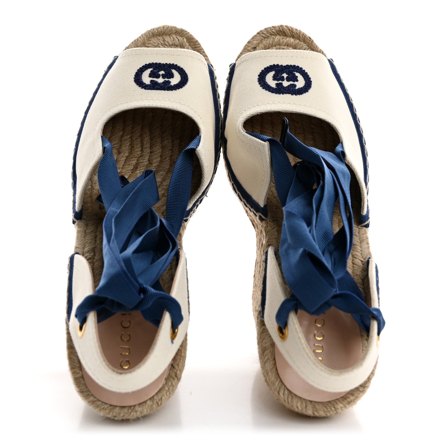 Gucci Canvas GG Ankle Wrap Platform Espadrille Wedges 40 Mystic White Royale Blue 2 of 10