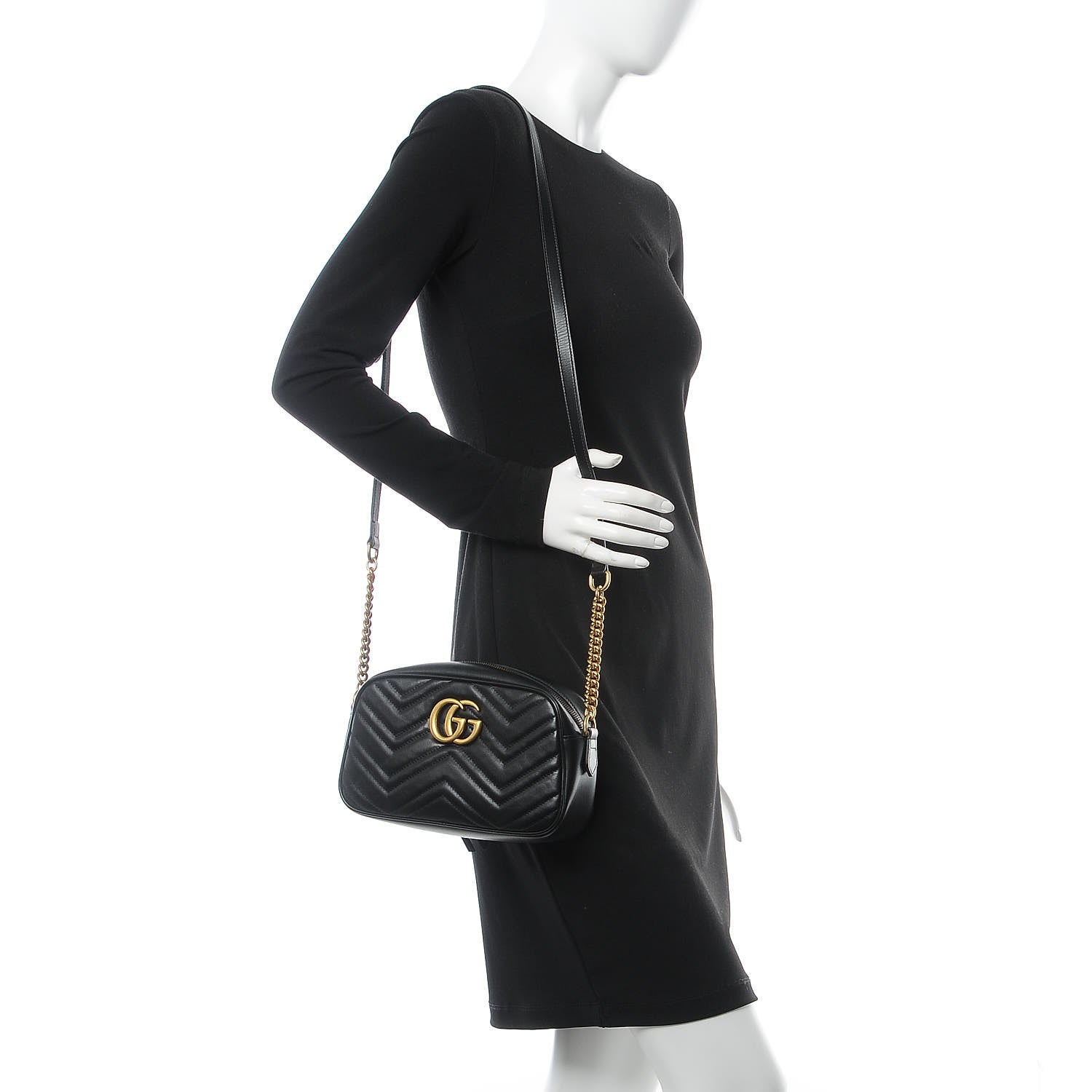 Gucci Calfskin Matelasse Small GG Marmont Chain Shoulder Bag Black 2 of 7