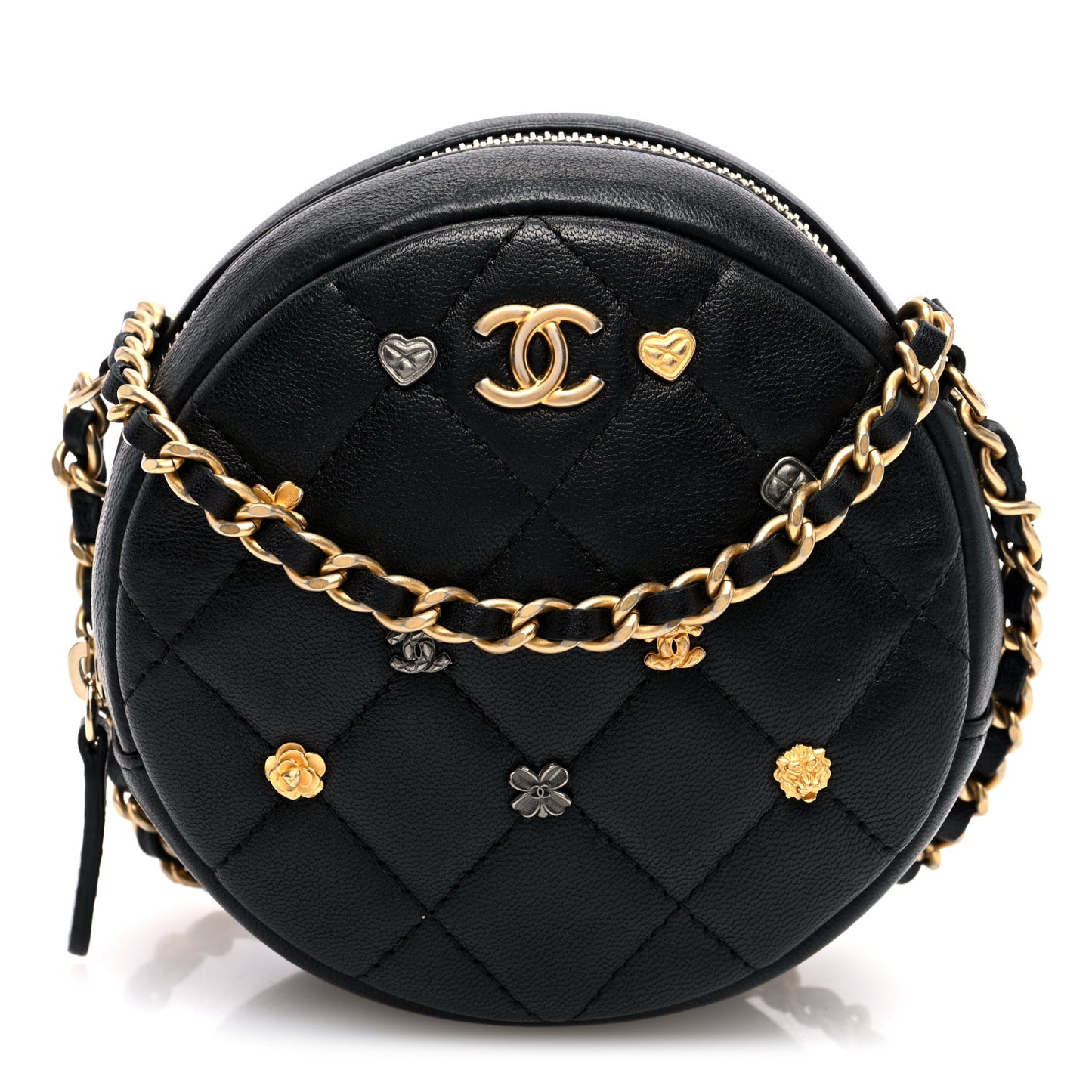 Lambskin Quilted Studded Round Clutch With Chain Black