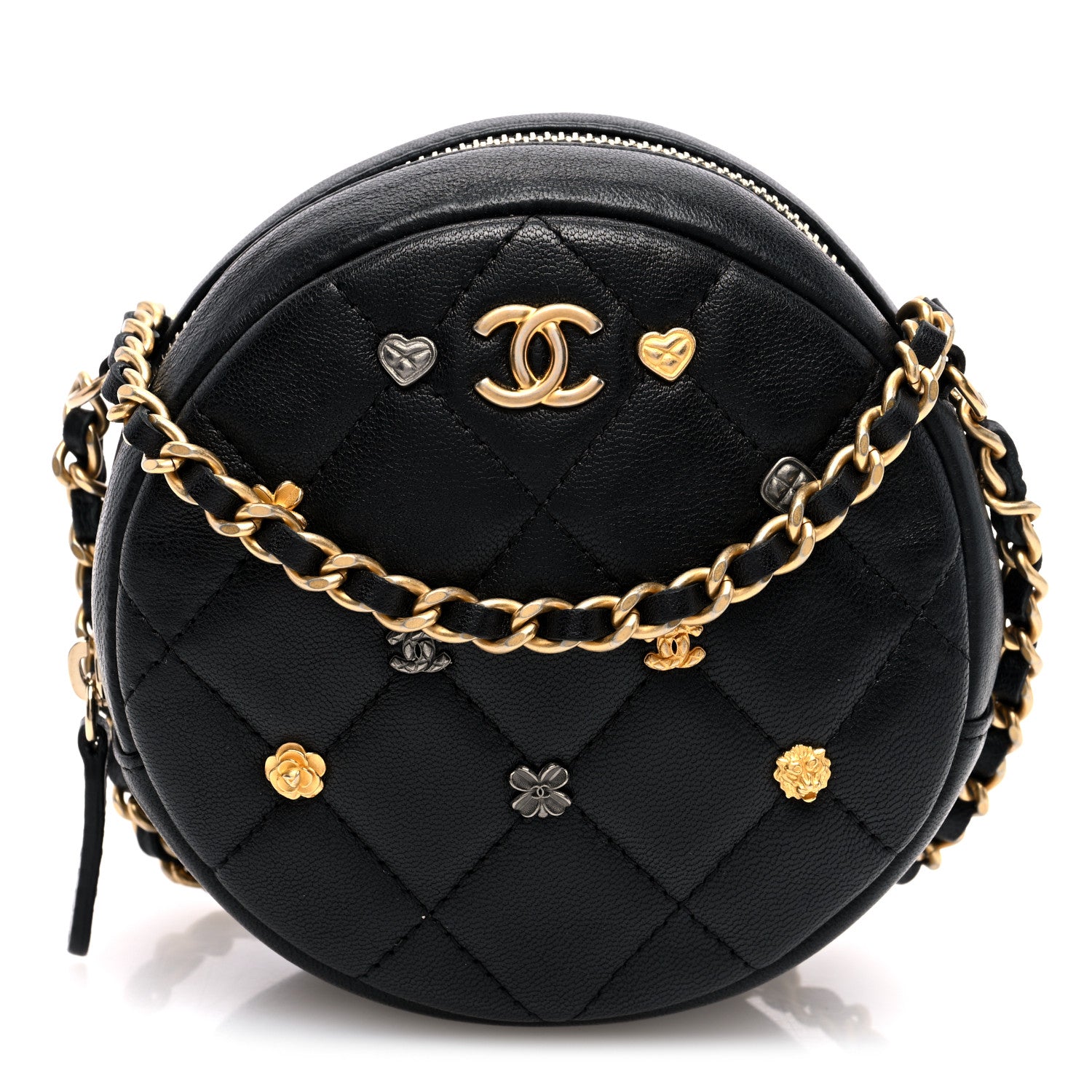Chanel Lambskin Quilted Studded Round Clutch With Chain Black 1 of 10