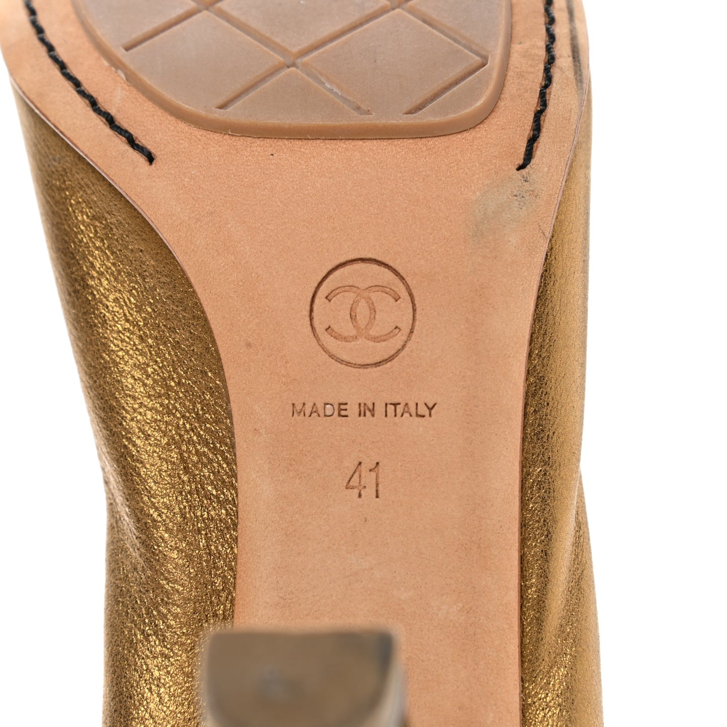 Metallic Lambskin Patent CC Elastic Stretch Pumps 41 Gold Black