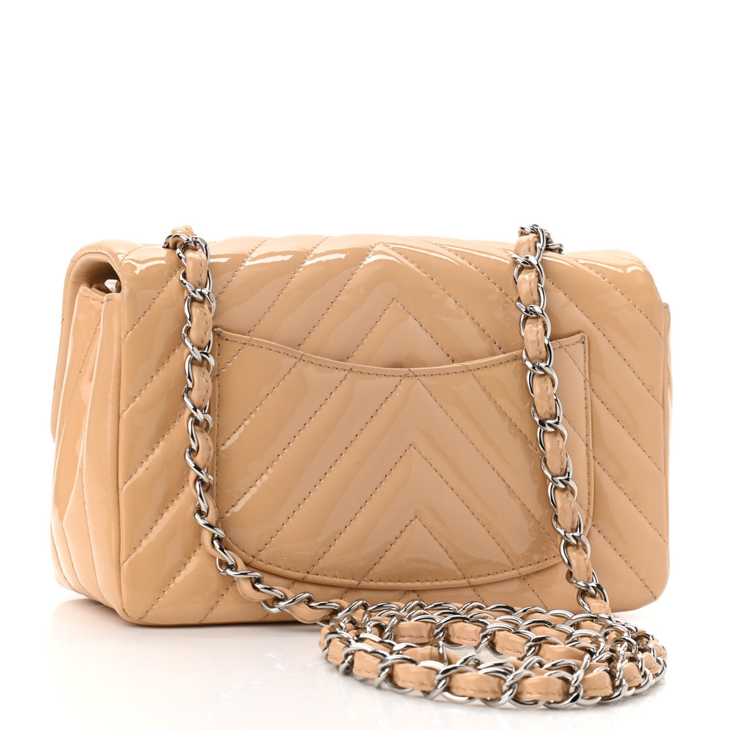 Patent Chevron Quilted Mini Rectangular Flap Beige