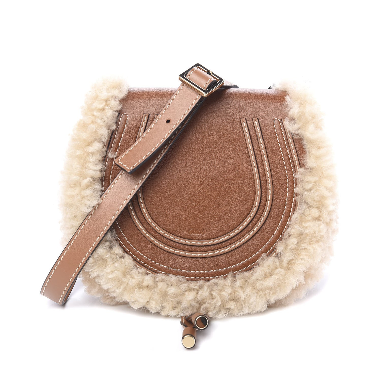 Small Grain Shiny Calfskin Shearling Small Marcie Round Crossbody Bag Caramel