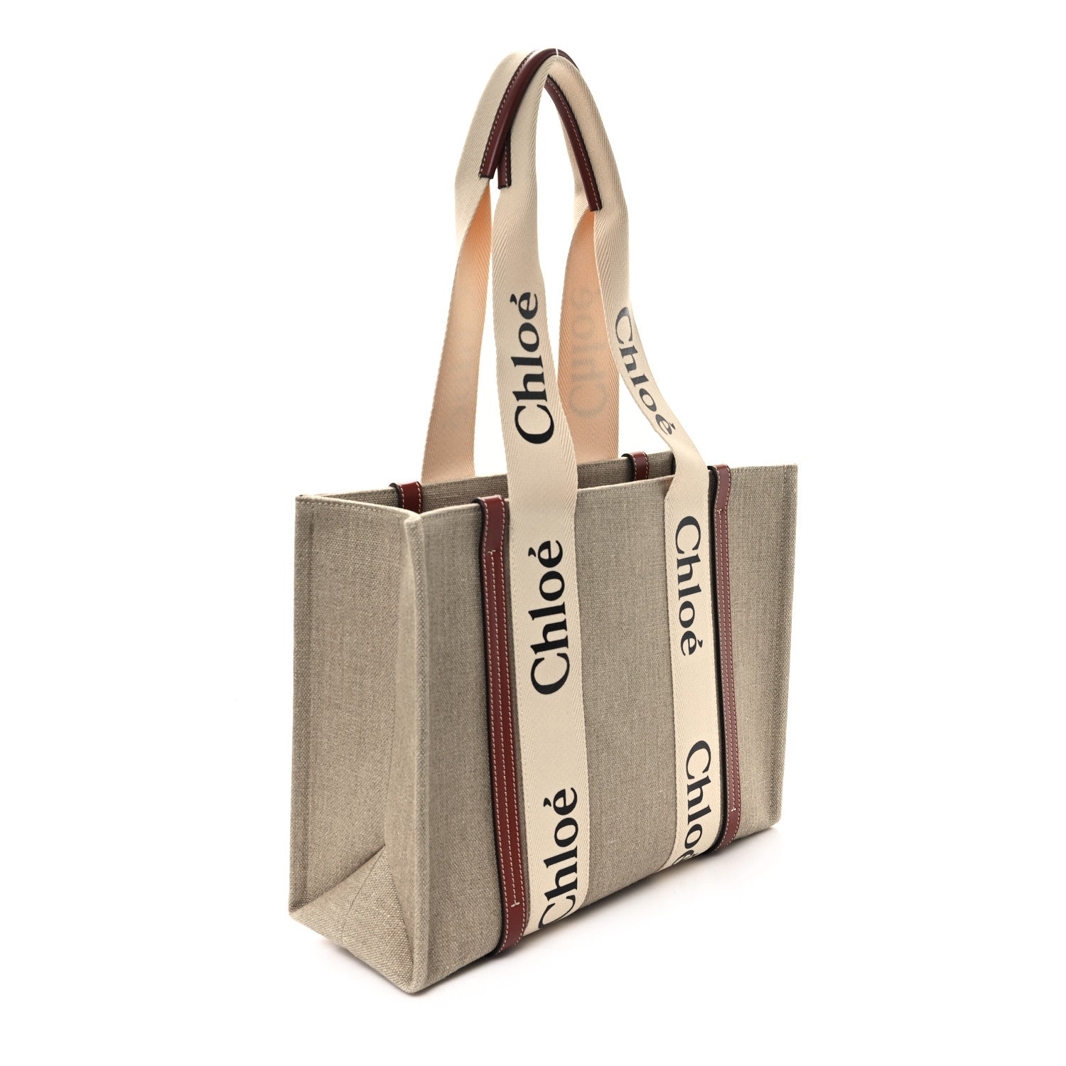 Chloe Linen Calfskin Medium Woody Ribbon Tote White Brown 3 of 10