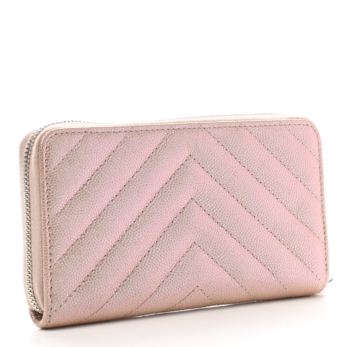 Iridescent Caviar Chevron Quilted Medium Zip Around Wallet Light Gold