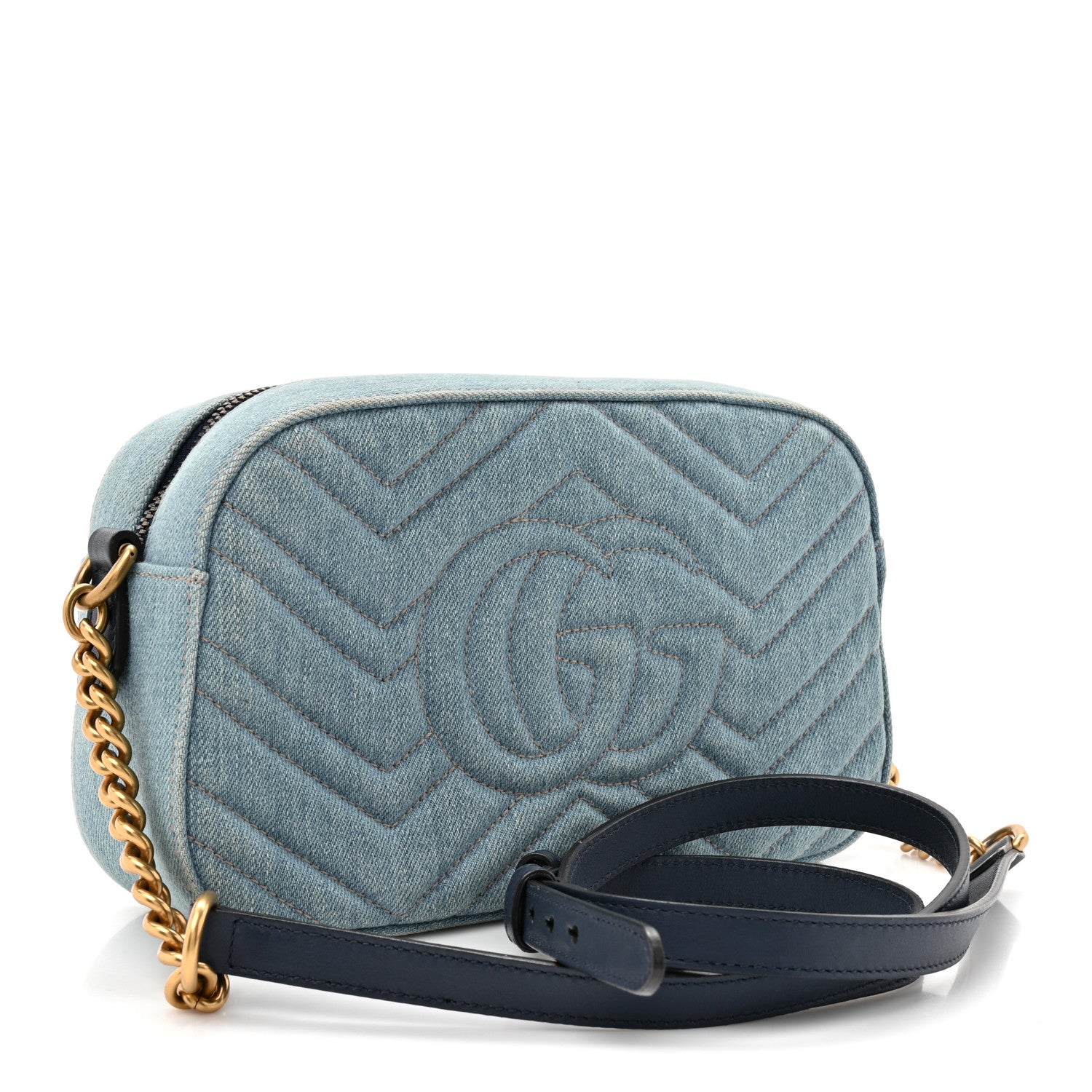Gucci Denim Matelasse Small Pearly GG Marmont Chain Shoulder Bag Blue 3 of 10