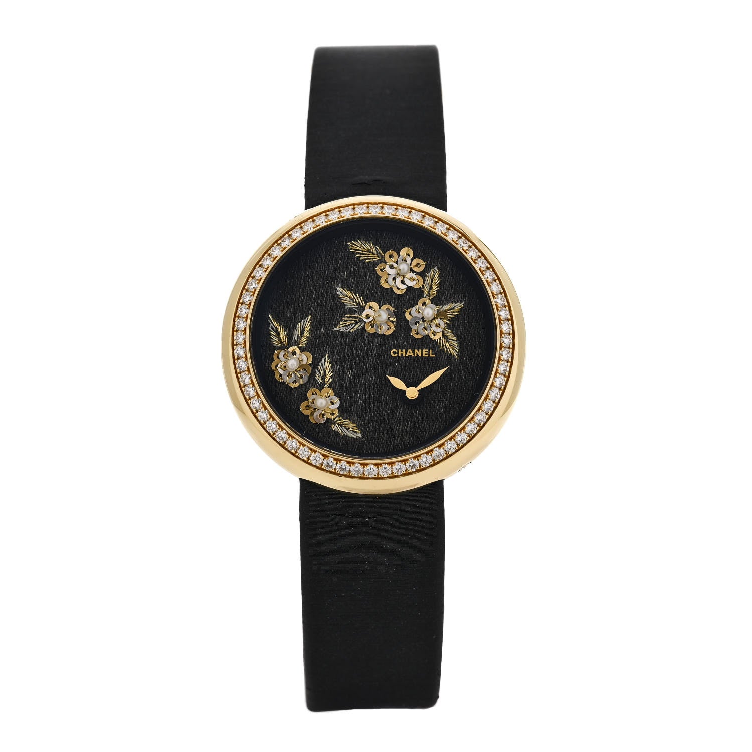 Chanel 18K Yellow Gold Satin Diamond Pearl 37.5mm Mademoiselle Prive Camelia Lesage Quartz Watch Black 1 of 6
