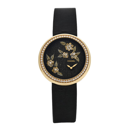 Chanel 18K Yellow Gold Satin Diamond Pearl 37.5mm Mademoiselle Prive Camelia Lesage Quartz Watch Black 1 of 6