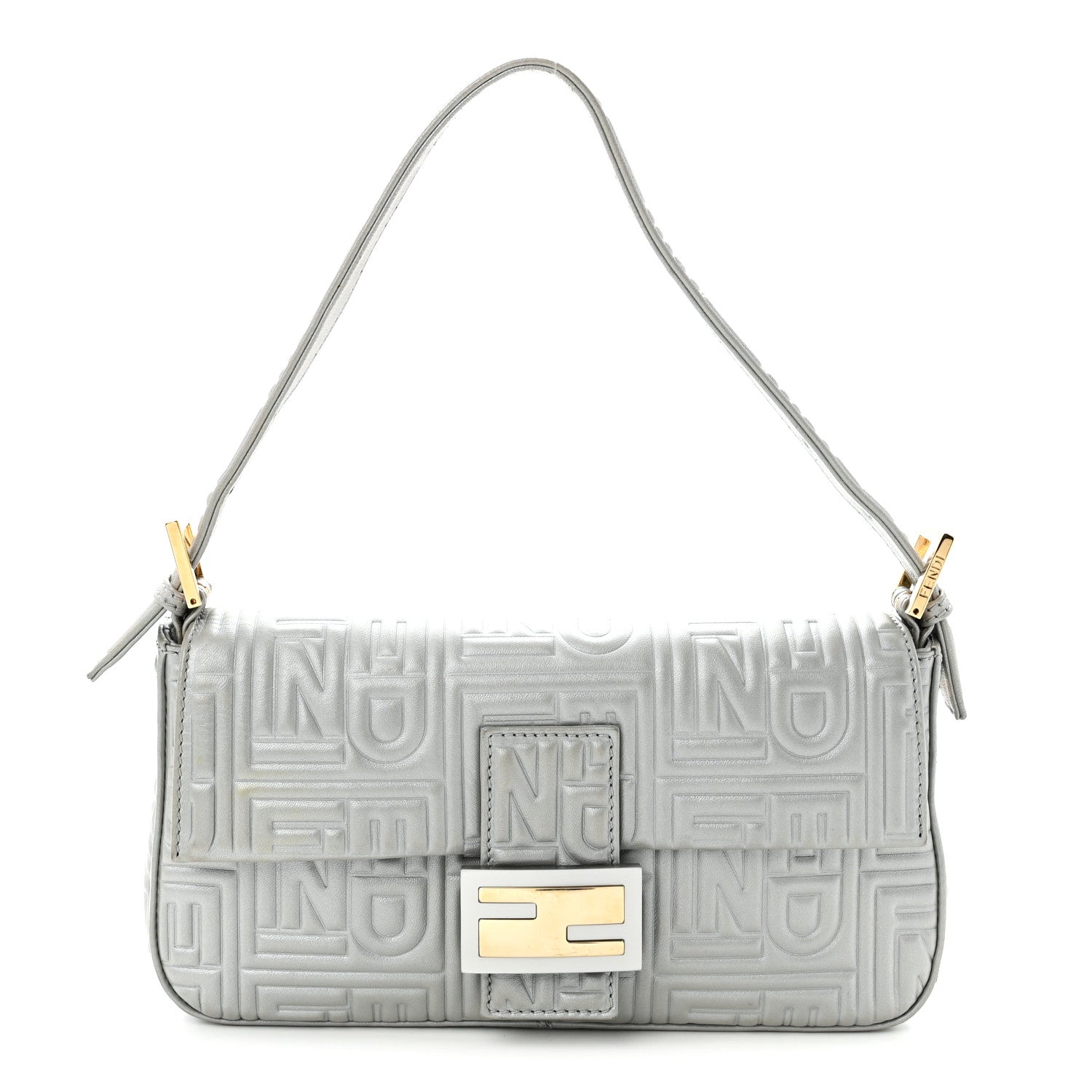 Fendi Nappa Logo Embossed Baguette Silver 1 of 10