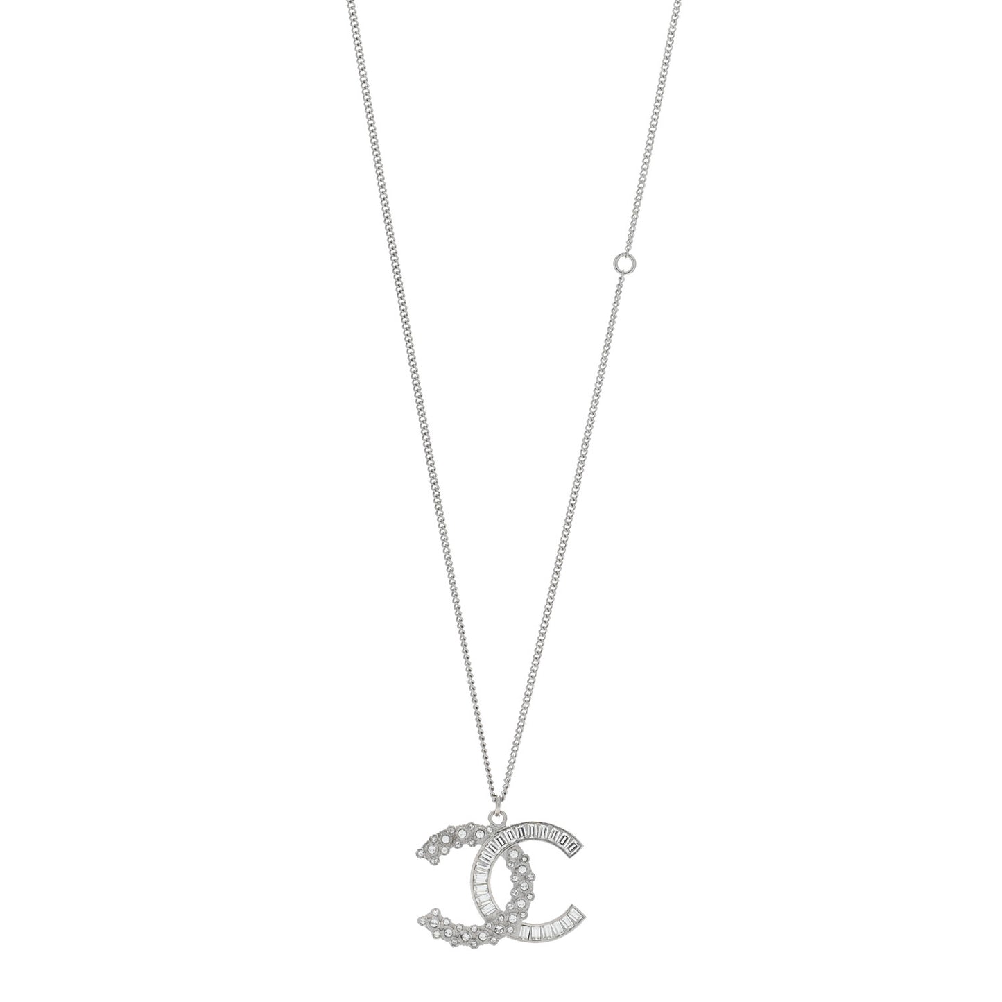 Metal Baguette Crystal Large CC Necklace Silver