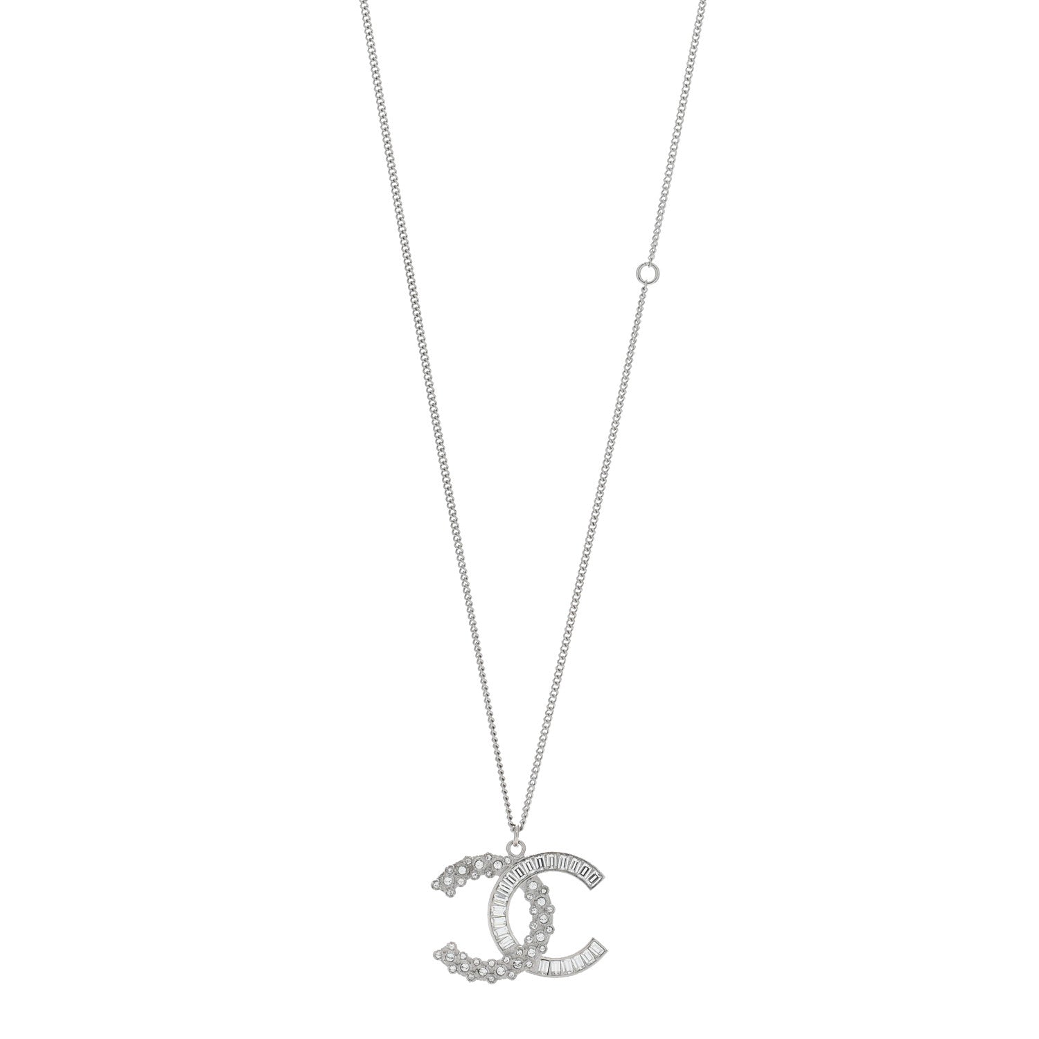Chanel Metal Baguette Crystal Large CC Necklace Silver 1 of 5