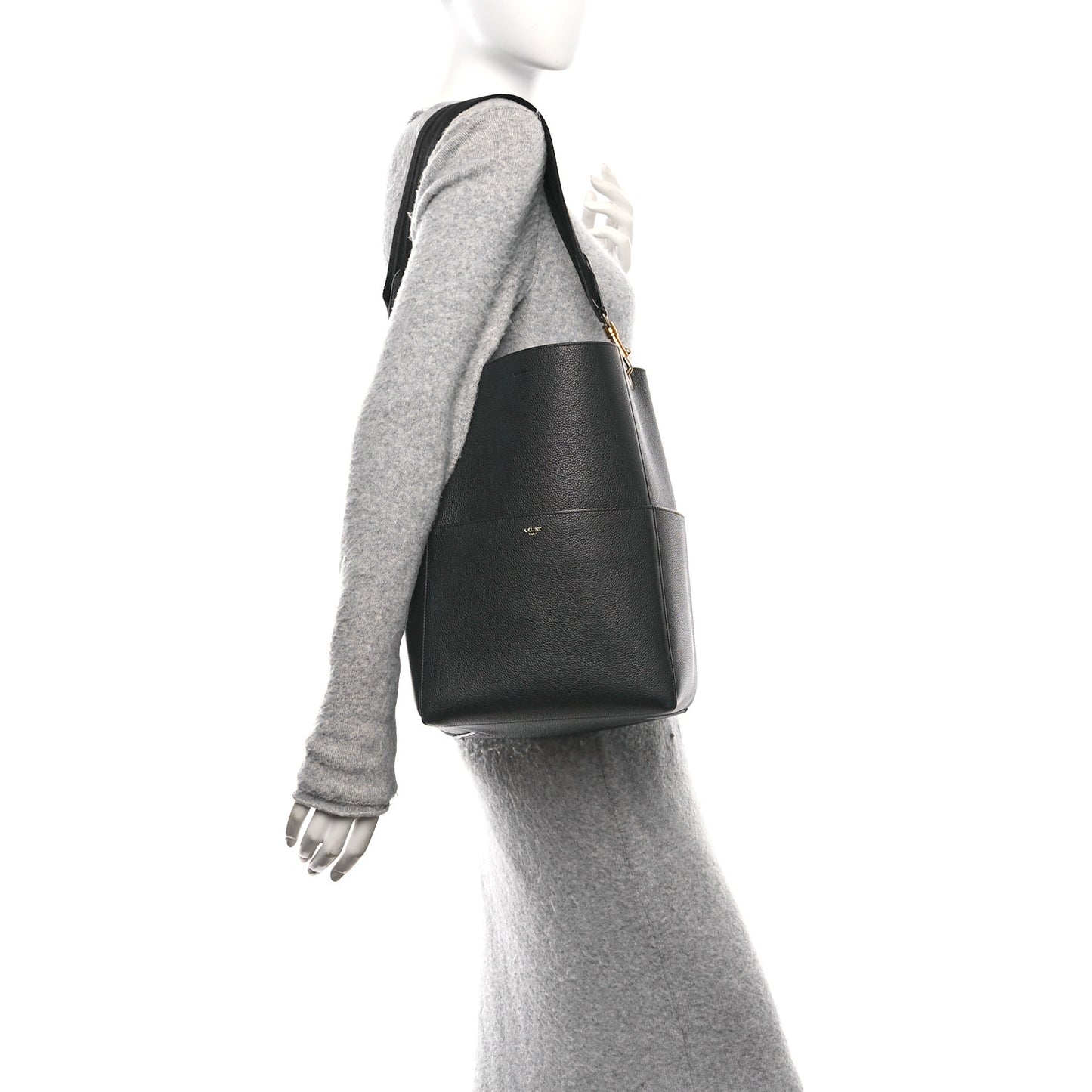 Soft Grained Calfskin Sangle Bucket Bag Black