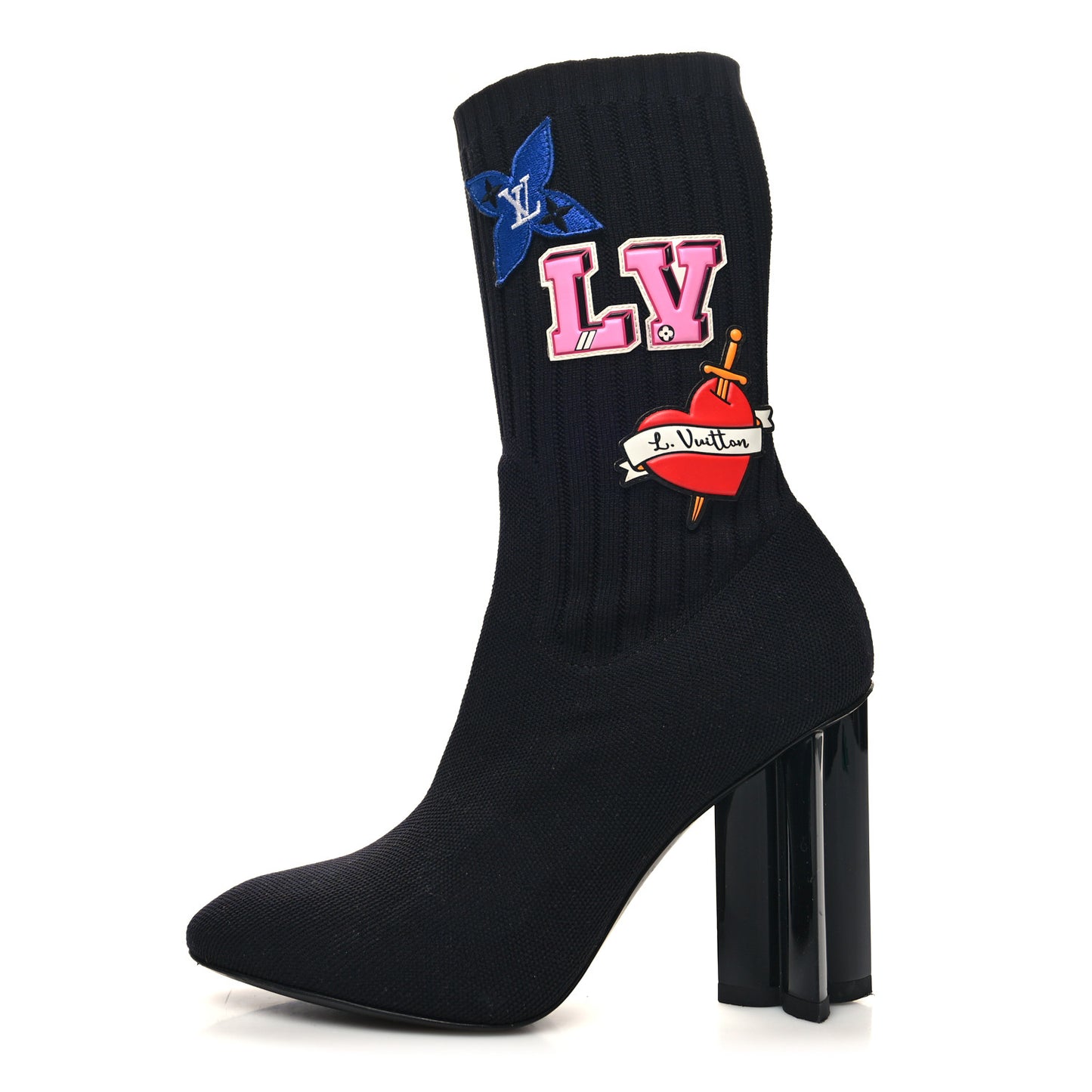 Stretch Fabric LV Black Heart Sock Ankle Boots 37.5 Black