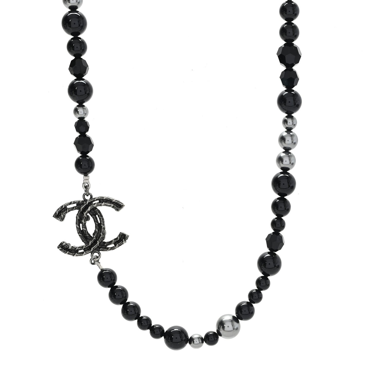 Pearl Beaded Crystal CC Camellia Short Necklace  Ruthenium Black Pearly Grey