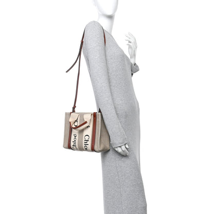 Chloe Cotton Calfskin Small Woody Ribbon Tote With Strap White Brown 2 of 10